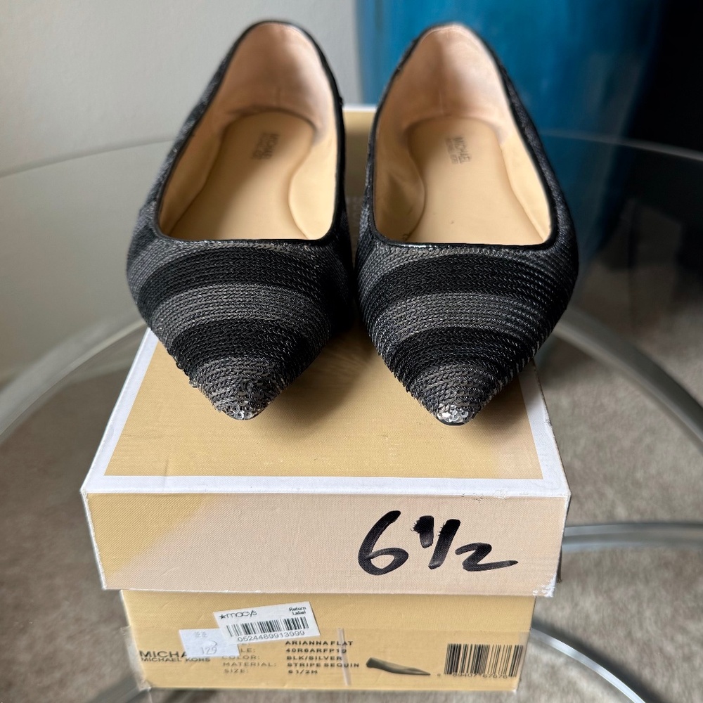 MICHAEL Michael Kors ARIANNA Black&Silver SEQUIN Stripe Flats = US6.5
